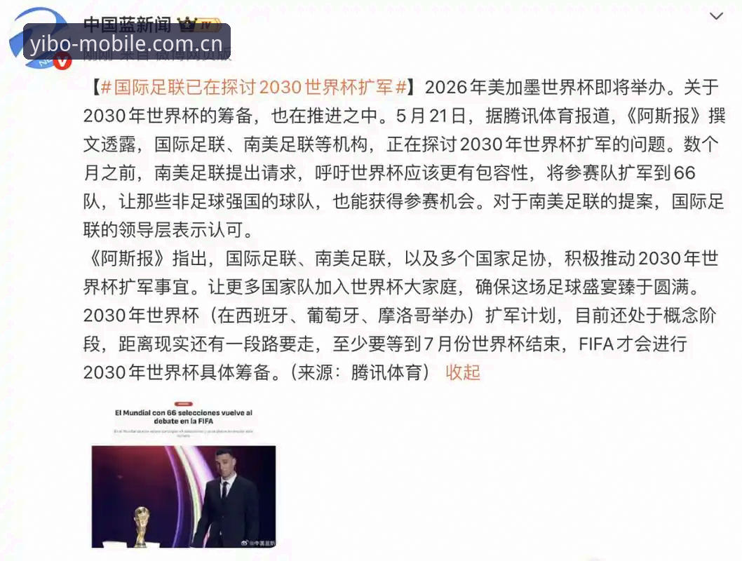 2030世界杯或将扩军至66队！中国男足迎4大历史机遇，亿博体育平台带你前瞻赛事变革